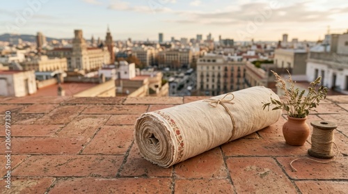 Ancient Scroll Unrolled on Rooftop with Cityscape View.
