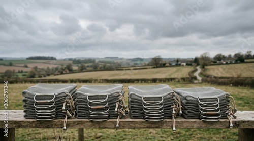 Stacked Chairs on a Rural Field with Overcast Sky.
