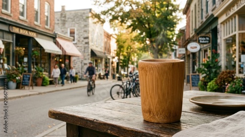 Urban Street Scene with Coffee Cup and Bicycles in City Environment.