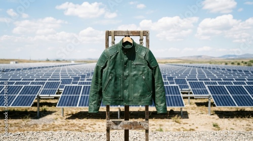 Solar Power Farm with Green Jacket and Solar Panels in Open Field.