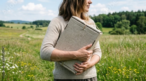 Woman Holding Book in Green Field During Daylight Nature Scene.