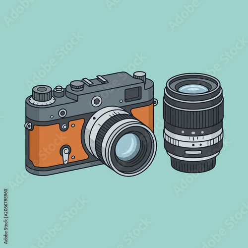 Valokuva A vintage rangefinder camera and a lens on a blue background