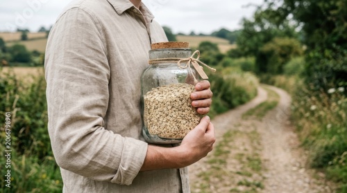 Person Holding Glass Jar Filled with Grains Outdoors.