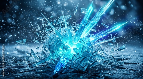 Abstract Explosion of Blue Ice Crystals and Shards Shattering on a Dark Surface with Glowing Light Effects