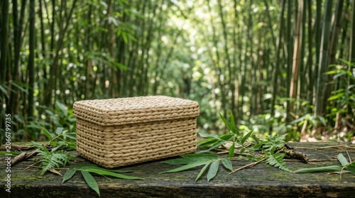 Wicker Basket Resting on Bamboo Forest Floor in Natural Environment.