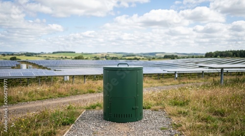 Green Barrel on Gravel Path Near Water Body in Scenic Landscape.
