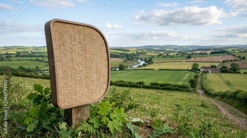 Empty Wooden Signboard Overlooking Green Countryside Landscape.