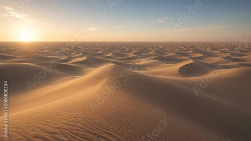 Golden sand dunes stretching across a vast desert under warm sunlight, arid landscape and wilderness travel concept.