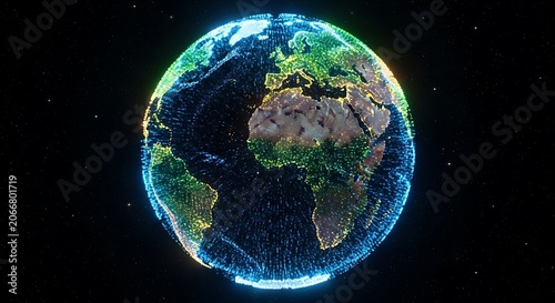 Futuristic Glowing Digital Earth Globe Floating in Dark Space with Neon Blue Light Accents