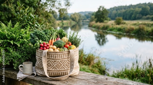 Scenic Riverbank with Basket of Fresh Fruits and Vegetables.