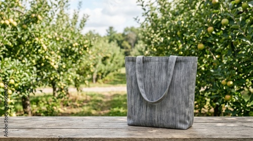 Gray Fabric Bag on Wooden Surface in Nature Setting.