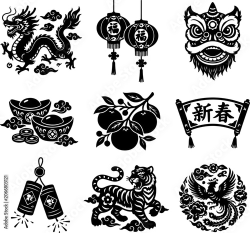 Chinese New Year icons, Lunar Year symbols, Asian festive decorations, black vector illustrations