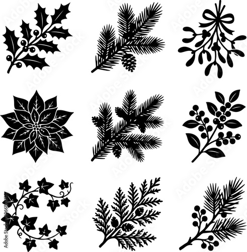 Christmas, winter, holiday, botanical, icons, 8 black and white illustrations, vector graphics, festive, plant, leaves, branches