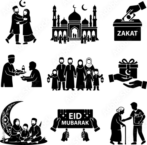 Eid Mubarak icons, Ramadan symbols, Islamic festival illustrations, black vector graphics