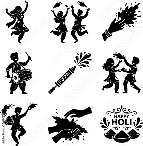 Holi festival icons, colorful celebration graphics, black silhouettes, happy holi text