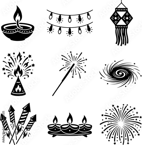 Diwali, Diwali decorations, festival of lights, Indian festival icons, vector set