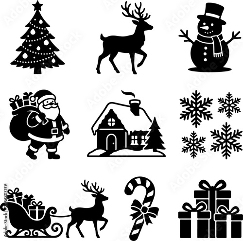 Christmas icons, winter symbols, holiday graphics, black vector set