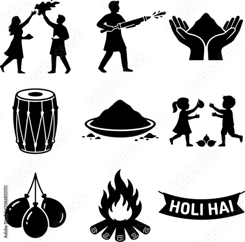 Holi Festival Icons, Colorful Celebration Symbols, Hindu Holiday Glyphs, Cultural Vector Graphics