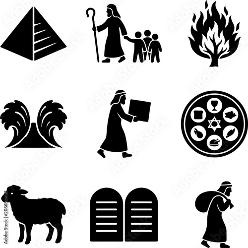 Moses icons set, biblical figures, 10 commandments symbols, jewish faith elements, religious vector illustrations