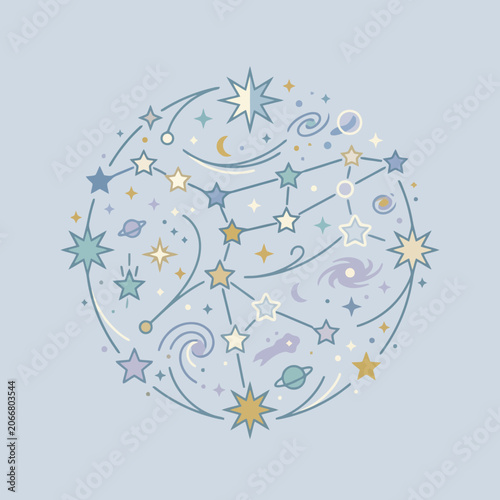 Fotografija A circular illustration featuring various celestial bodies and stars