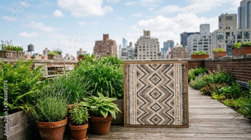 Urban Rooftop Garden with Green Plants and Decorative Panel.