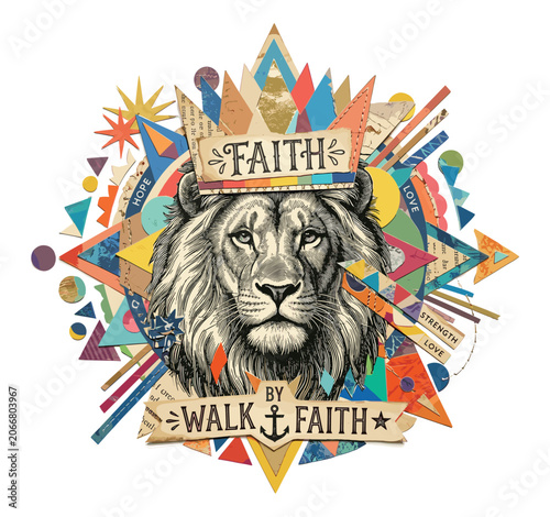 Lion art with faith crown and abstract collage