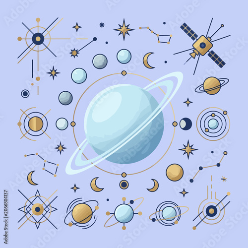 Fotografija A collection of various celestial bodies and space icons set
