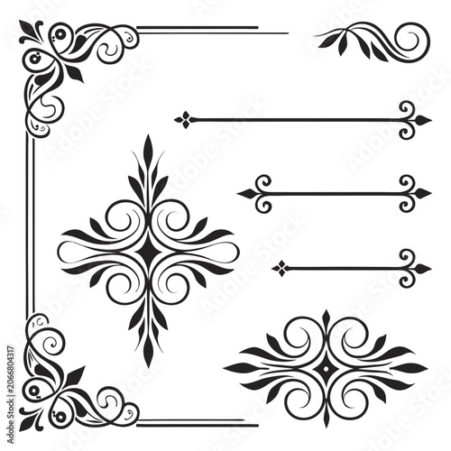 Vintage floral scroll corner and border set design.