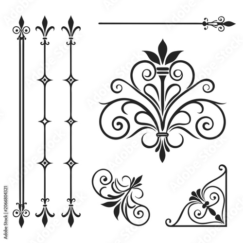 Ornate decorative scrollwork corner flourish element set.