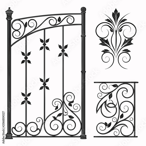 Elegant garden gate scrollwork and metal decor set.