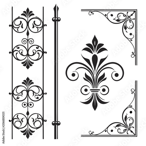 Ornate metal scroll frame corner and fleur design.