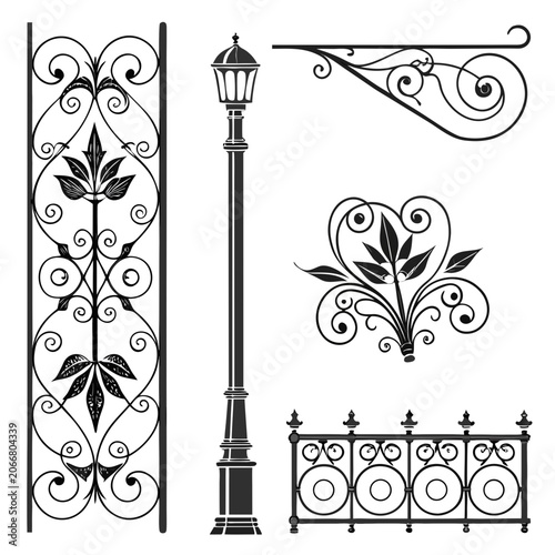 Wrought iron gate lamp ornate fence decorative elements.