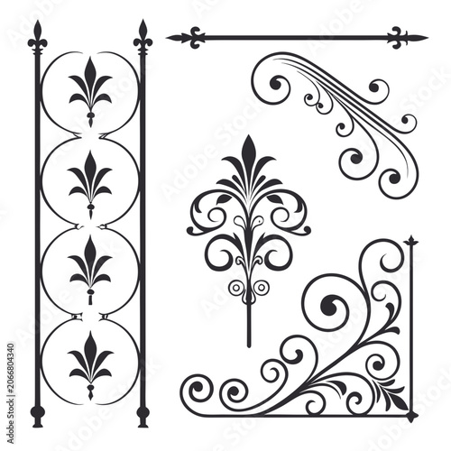 Decorative flourish fence ornate corner element set.