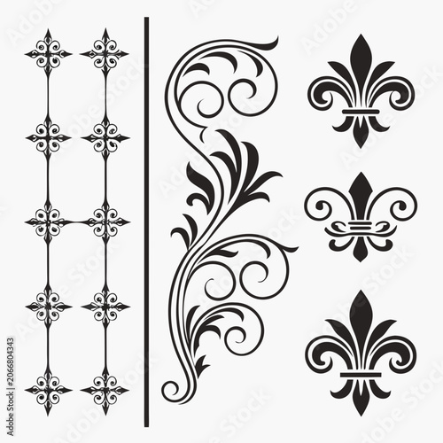 Decorative ironwork scrolls and fleur de lis set.