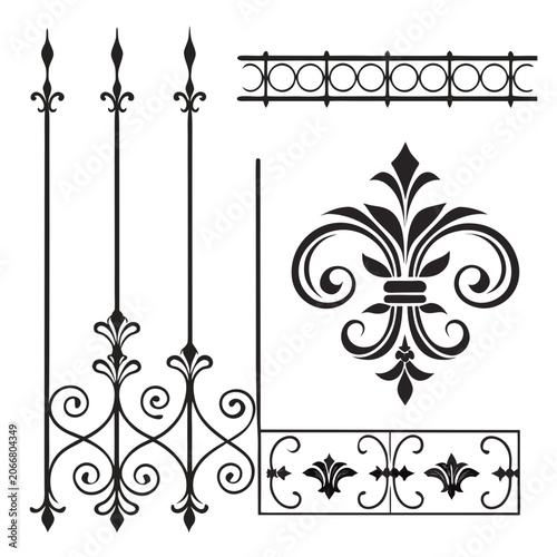 Wrought iron decorative elements for fence gates.