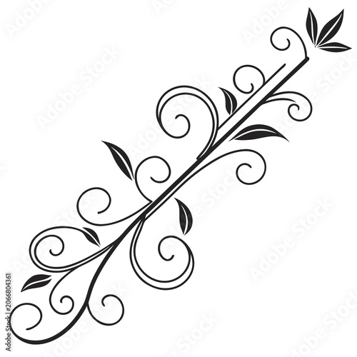 Minimalist vine branch with leaves and scrolling.