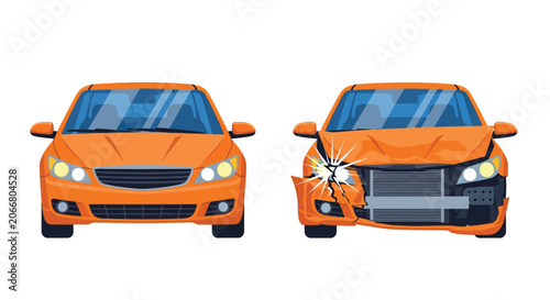 Obraz na plátně Orange car before and after accident showing repair concept vehicle body damage insurance claim collision impact broken headlights metal dented crash scene