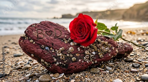A captivating and intimate photo of a vibrant red rose, gently resting atop a one-of-a-kind heart-shaped burgundy piece of driftwood.