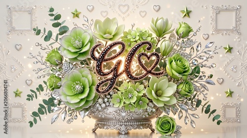 A luxurious 3D digital illustration showcasing an opulent birthday floral arrangement with intricate boho-inspired crystalline details and ornate embellishments