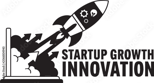Black silhouette rocket ship launching from laptop with startup growth innovation concept on white background