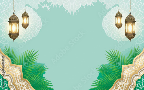 Pastel Green Mosque Ornament Border Background with Copy Space