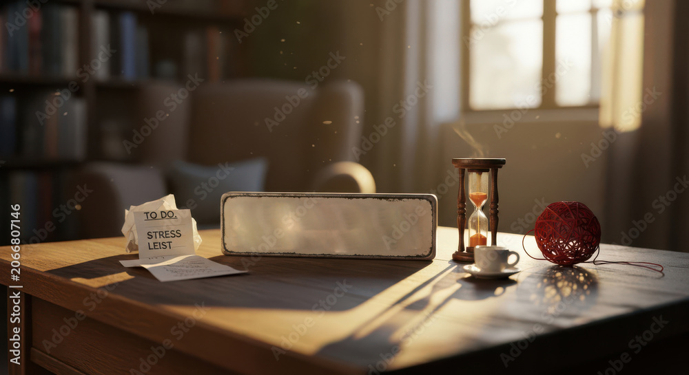 Fototapeta premium A conceptual desk scene with a todo list, hourglass, and coffee