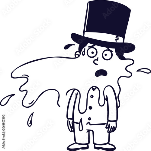 Foto Cartoon man wearing top hat and suit sweating profusely in summer heat outdoors