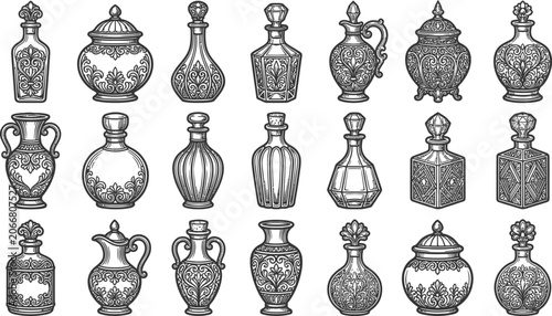 Canvastavla Black and white of various antique ceramic jugs and vases pottery