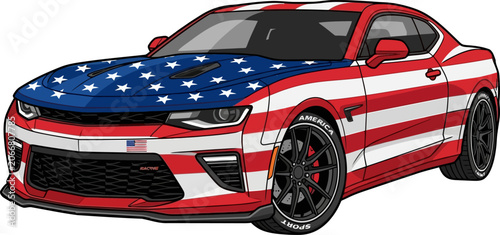 American Flag Sports Car Vector Illustration for Patriotic Themes