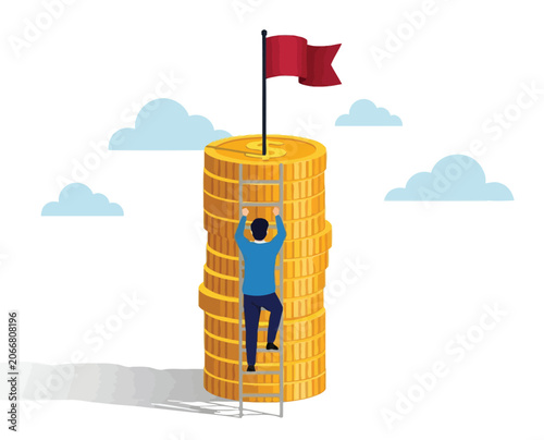 Business professional climbing ladder on pile of gold coins towards red goal flag success concept representing career growth achievement and financial prosperity.
