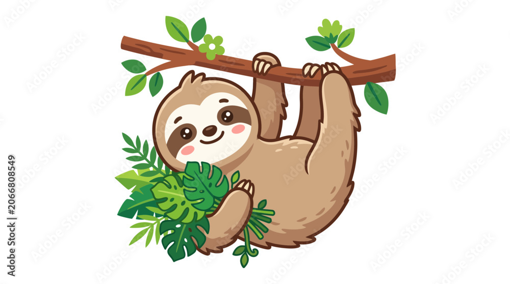 Naklejka premium Cute Sloth Hanging on Tree Branch with Leaves