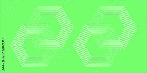 Abstract green background with white geometric hexagon lines. Minimalist backdrop with interlocking thin linear hexagonal shapes.