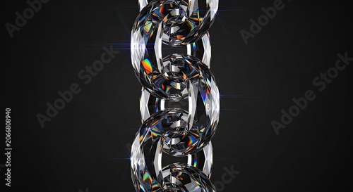 Vertical interlocking glass chain links with prismatic light reflections.