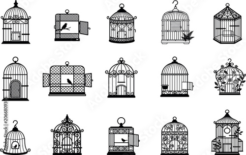 Vintage Birdcage Silhouette Vector Set featuring Ornate Metal Cages, Open Doors, and Canary Bird Symbols for Retro Decor Illustration Designs